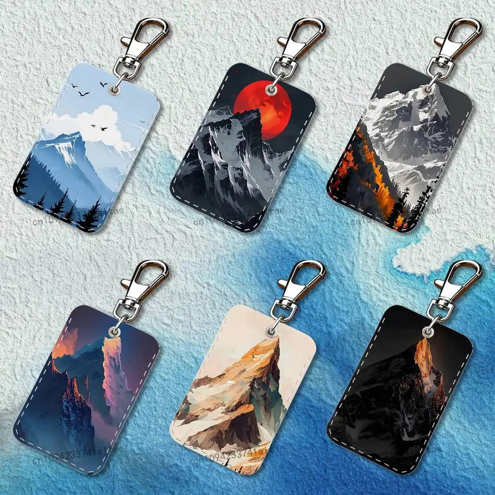 

Snow Mountain Scenery Design Rectangle Card Case Leather Card Holder Keychain Key Ring Transportation Card Case