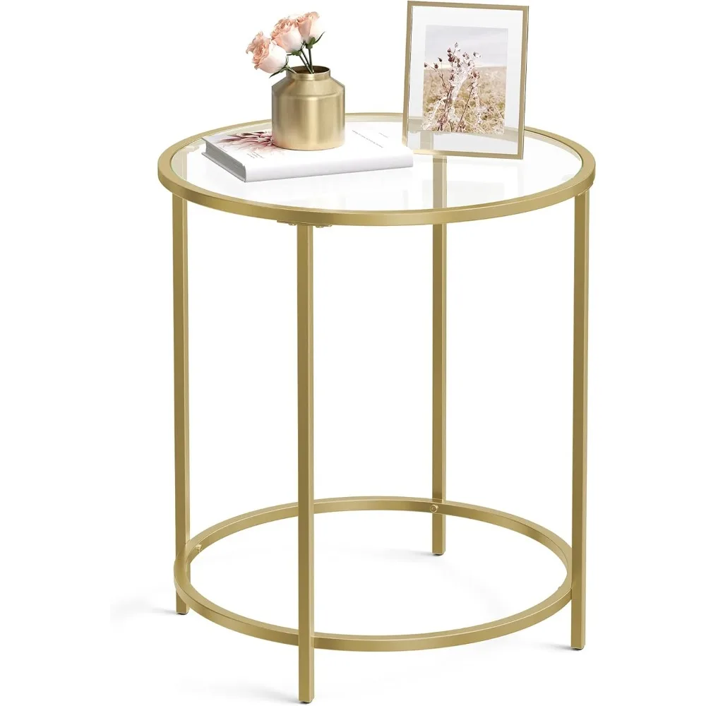 

Round Side Table, Glass End Table with Metal Frame, Gold Coffee Table with Modern Style, for Living Room, Balcony, Bedroom