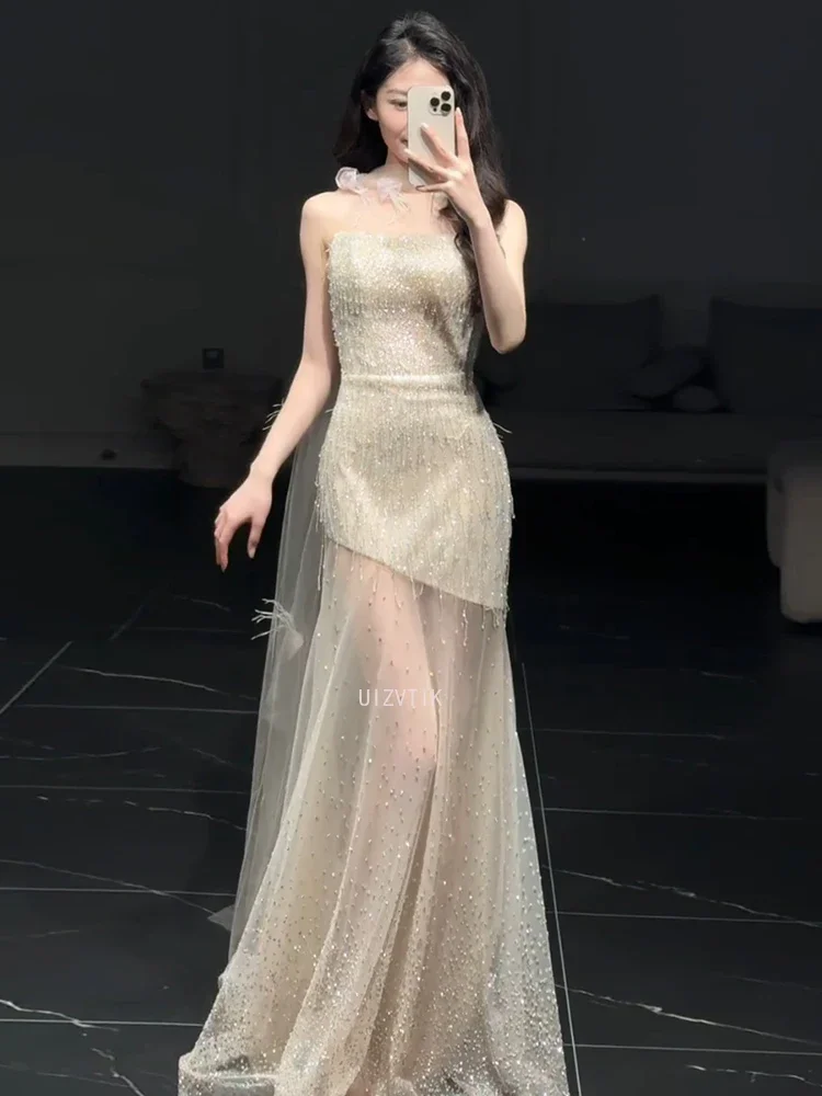 Luxury Mermaid Evening Dresses Women Sexy Sparkle Mesh Stitching Sequins Strapless Party Dress Lady Special Occasion Prom Gowns