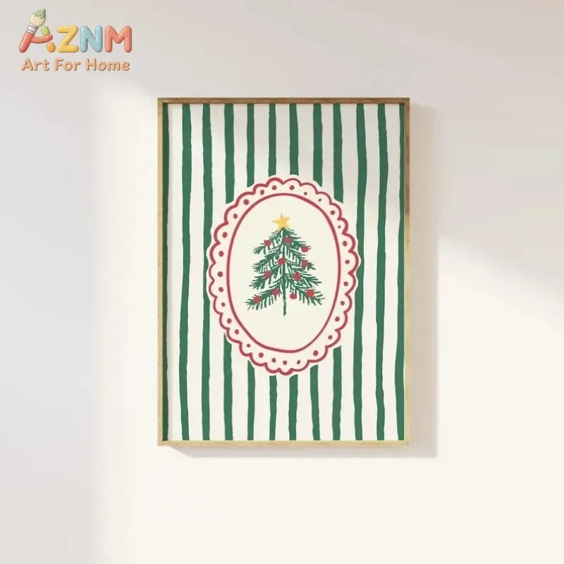 AZNM Retro Christmas Tree Canvas Wall Art, Green Striped Xmas Poster Print, Frameless Canvas Painting for Holiday Home Wall Deco