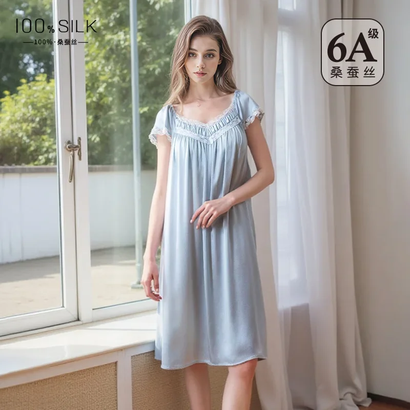 

100% тутовый шелк, милые кружевные ночные рубашки принцессы, сорочка с короткими рукавами и v-образным вырезом, ночная рубашка больших размеров, пижамная ночная рубашка с подкладкой