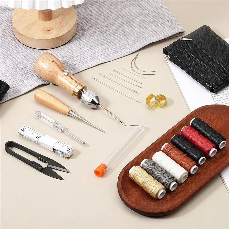 【RECOMMEND】Screwdriver Scissors Tape Measure Leather Sewing Awl Kit(24Pcs) With Straight Curved Threads For Craft, Furniture Rep