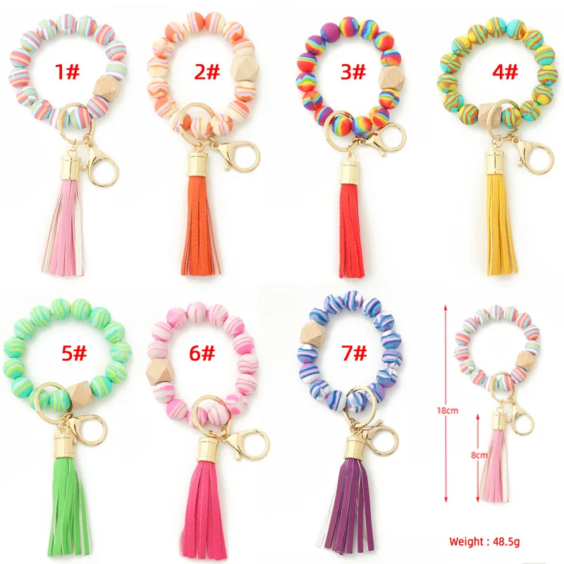 Cartoon Creative Colorful Silicone Beaded Keychain PU leather Tassel Keyring Women Men Bracelet Keychain Jewelry Gifts