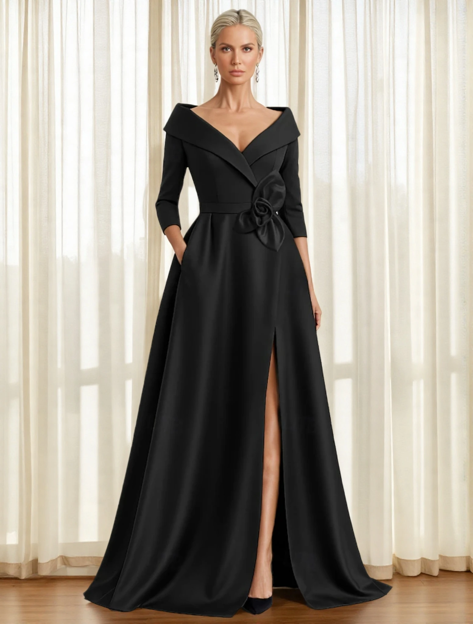 A-Linie Abendkleid, elegantes Kleid, formelle Hochzeitsgäste, bodenlang, 3/4-Ärmel, Hemdkragen, Tasche mit Blumen, 2025