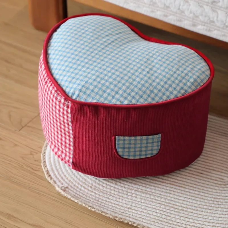 Fabric Heart Plaid Floor Cushion, Cute Entryway Shoe Stool, Removable Tatami Pouf, Cream Style Kids Room Footrest Seat