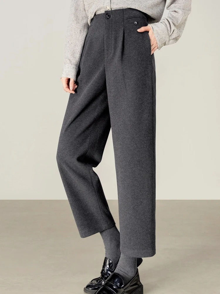 SENTUBILA Women's Winter Warm Gray Cropped Wide Leg Pants Elastic Waistband Button Fly Woolen Casual Office Trousers 153KL0167