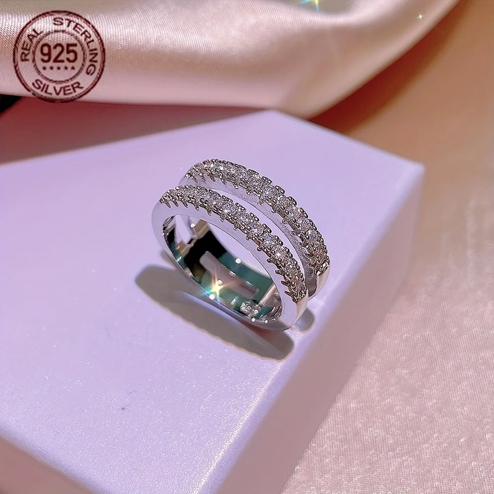 

Stylish Women's Geometric Micro Inlaid Zircon Double Layer 925 Sterling Silver Ring Wedding Party Jewelry
