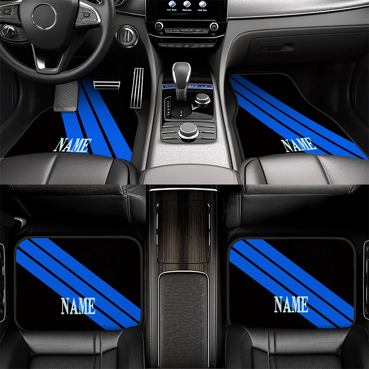 4pcs Customizable Name Car Mats With Minimalist Blue Line Theme Design Print - The Perfect Gift For Men/women - Easy-to-clean Ca
