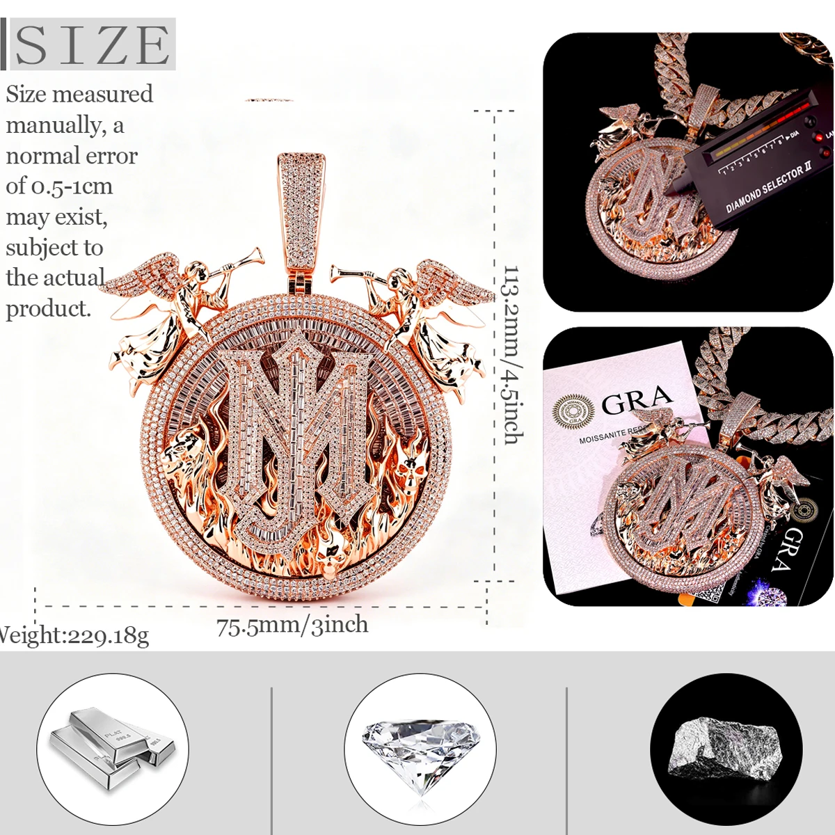 Iced Out Two Angel Trumpet M J Letter Medallion Pendant 18K Rose Gold Plated Cubic Zirconia Hip Hop Charm 3D Fire Devil Skull Lion Statement Jewelry For Rapper Street Style Unisex Bling Ornament For Club Party Daily Fine Jewelry Gifts for Men Boy Friends