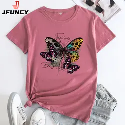 JFUNCY 2024 Fashion Women's T-shirts Women Cotton Tshirt Short Sleeve Tops Butterfly Graphic T Shirts Female Clothing Woman Tess