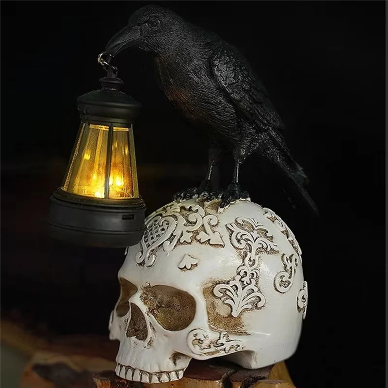 Mophe-para decorações de halloween resina corvos crânio lâmpada escultura luz noturna design gótico escuridão