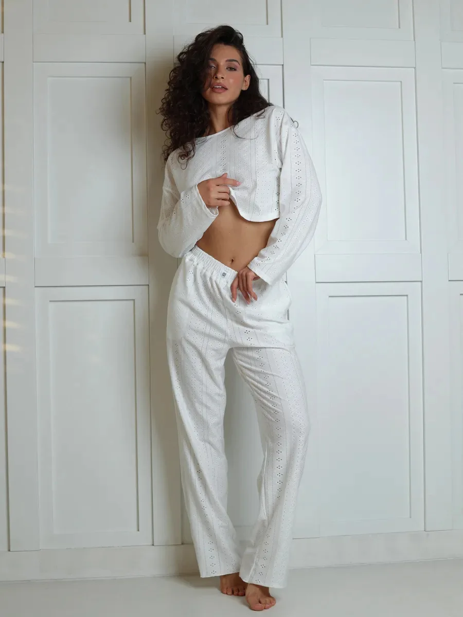 Spring and Summer Women's Outfits American Style Women's Casual Pajama Set Hollow out Fashion Simple Loose Long Sleeve Long Pant