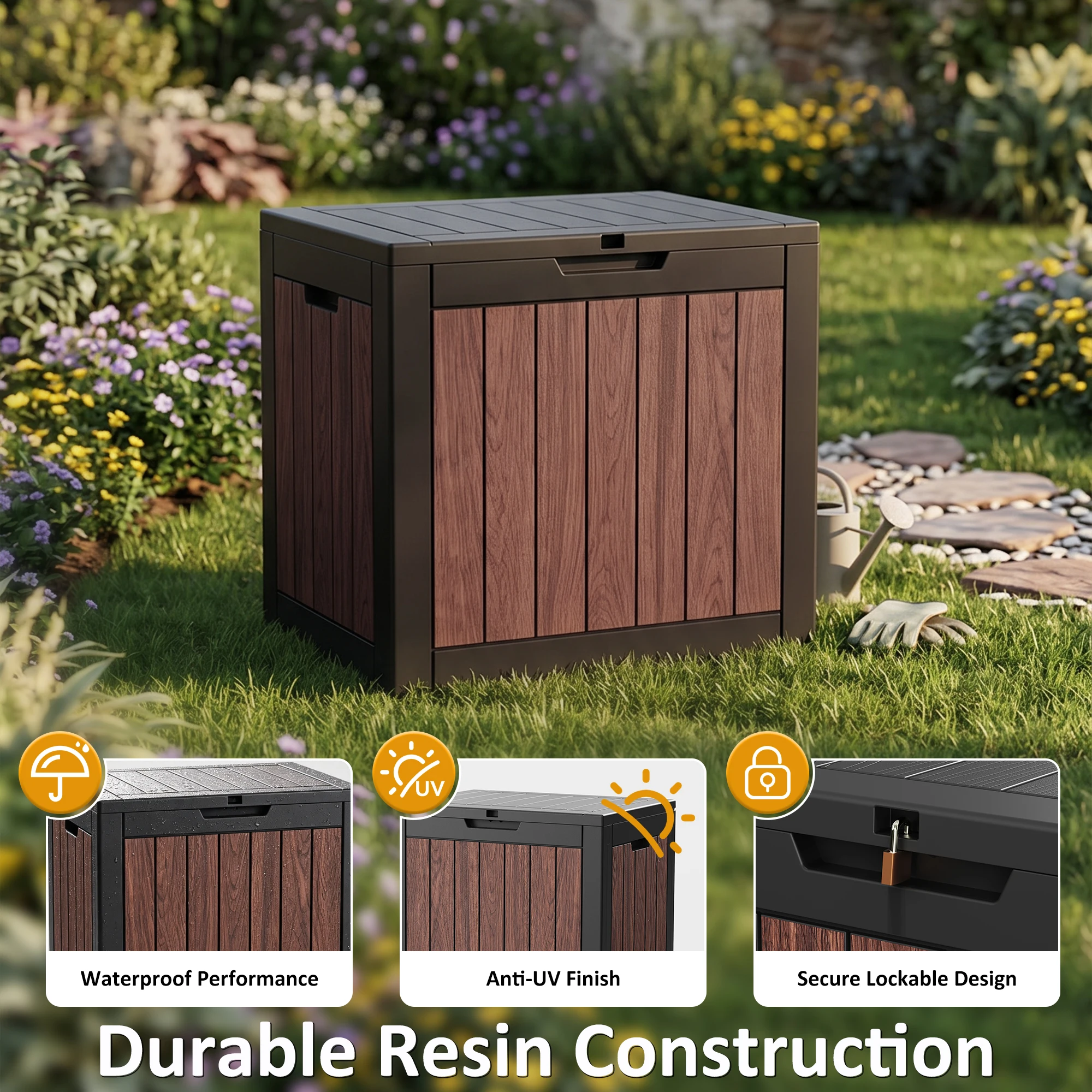 35 Gallon Outdoor Deck Storage Box, Cognac Walnut Wood Grain Resin Patio Storage Chest with Latch, Weatherproof Garden Storage Container