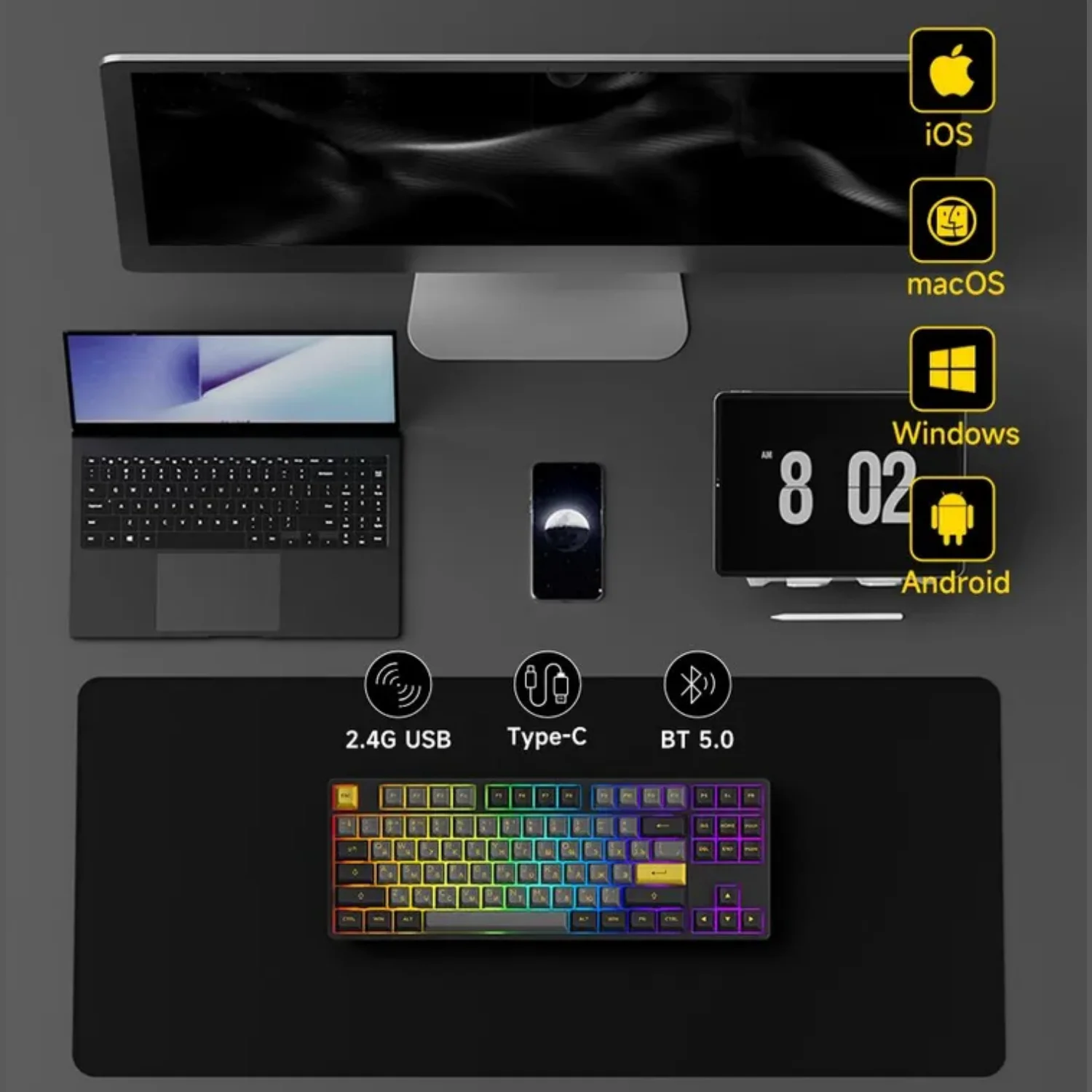 Akko 5087B Plus Teclado mecánico multimodo 80% TKL teclas de perfil ruso ASA teclado personalizado para juegos de oficina RGB de intercambio en caliente