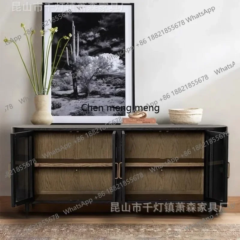American style distressed solid wood TV cabinet, living room light luxury curved sideboard, floor-to-ceiling storage entryway