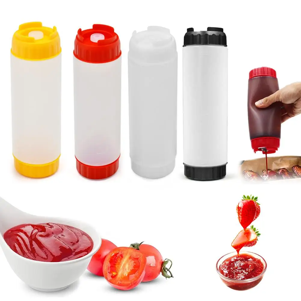 Botella exprimible de doble cabezal de 16 oz, botella exprimible de gran capacidad para salsa, dispensador de salsa de tomate, aceite para ensalada, miel, botellas de aceite para barbacoa, utensilio de cocina