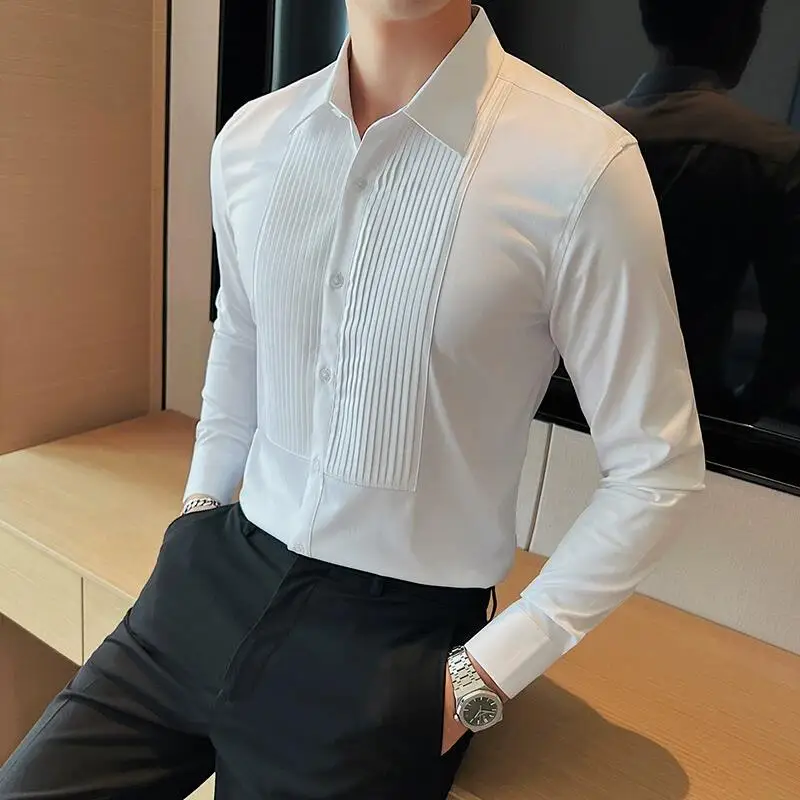 Black/White High Quality Long Sleeve Shirts For Men Fashion Pleated Design Slim Fit Tuxedo Formal Business Groom Wedding Blouses