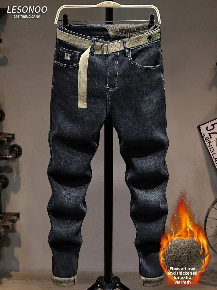 

Модные прямые джинсы с флисовой подкладкой, мужские повседневные эластичные облегающие брюки на осень-зиму, корейские утягивающие брюки