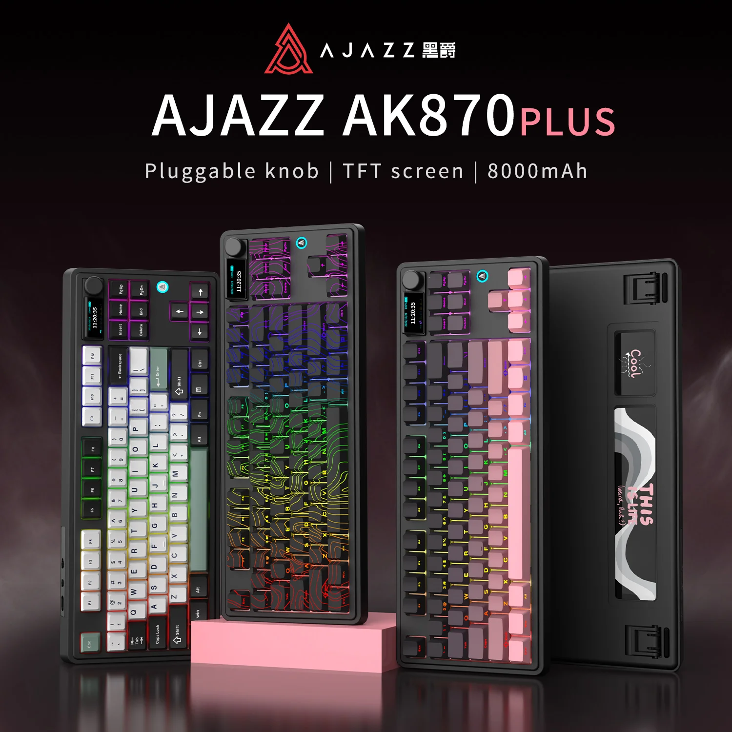 AJAZZ AK870 PLUS 87-Key Tri-Mode Mechanical Keyboard, Hot Swappable, TFT Color Screen, 8000mAh, RGB Backlit, Gasket Mount