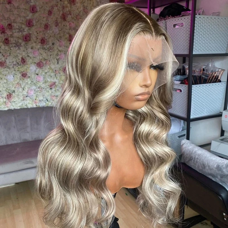 Ombre Asche blond HD Spitze Front Echthaar Perücke vor gezupft 13x4 Körper Welle transparente Perücke 180% Dichte brasilia nischen Remy Haar Perücken