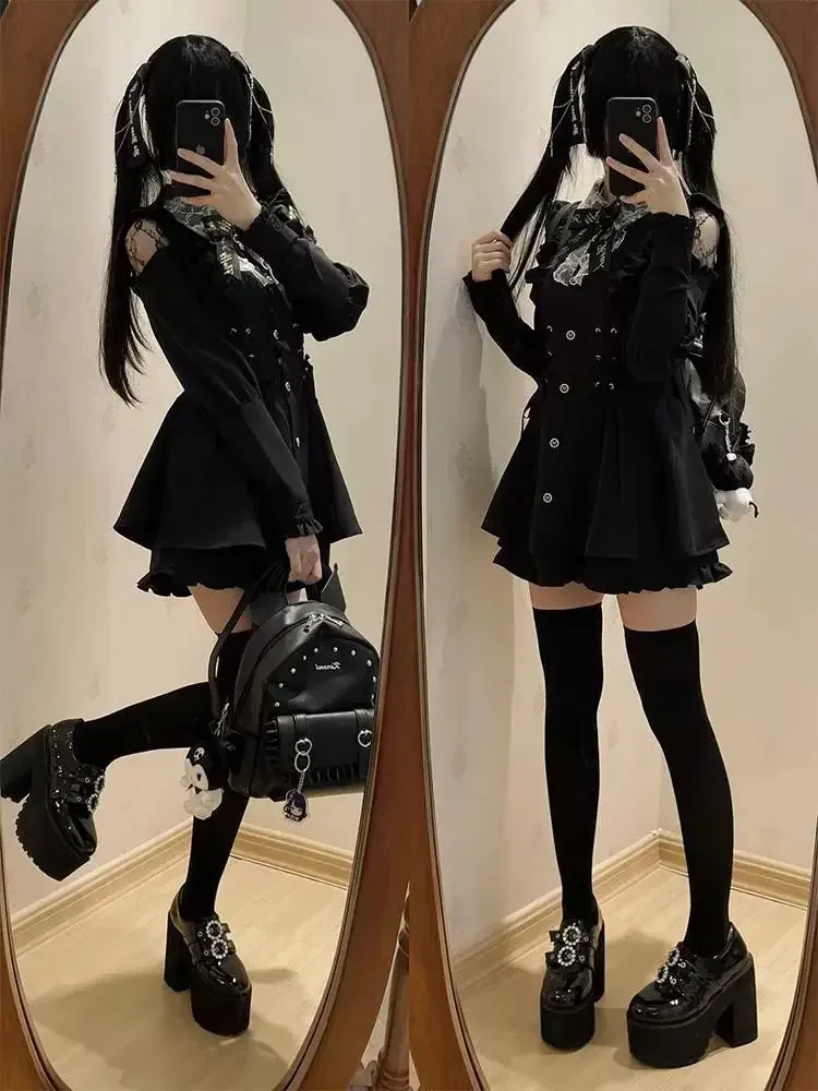 Harajuku Sweet Lace Patchwork Slim Fit Dresses+ Y2k High Waist Ruffles Shorts for Women Autumn New Black Two Piece Sets Lolita