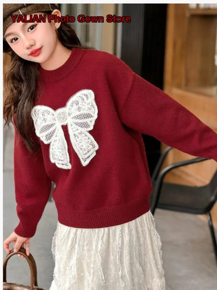 Girls Autumn Winter Stylish Bow Tie Top Solid Color Fleece Lined Warm Inner Knit Top Kids