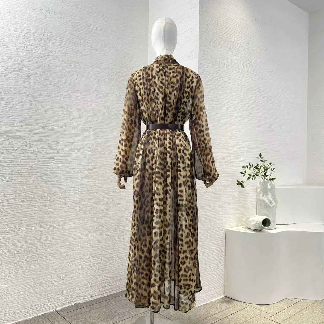 Vestidos Midi clásicos de leopardo 2025, recién llegados, alta calidad, manga acampanada, con cordones, lazo, cinturón, Vintage, para vacaciones