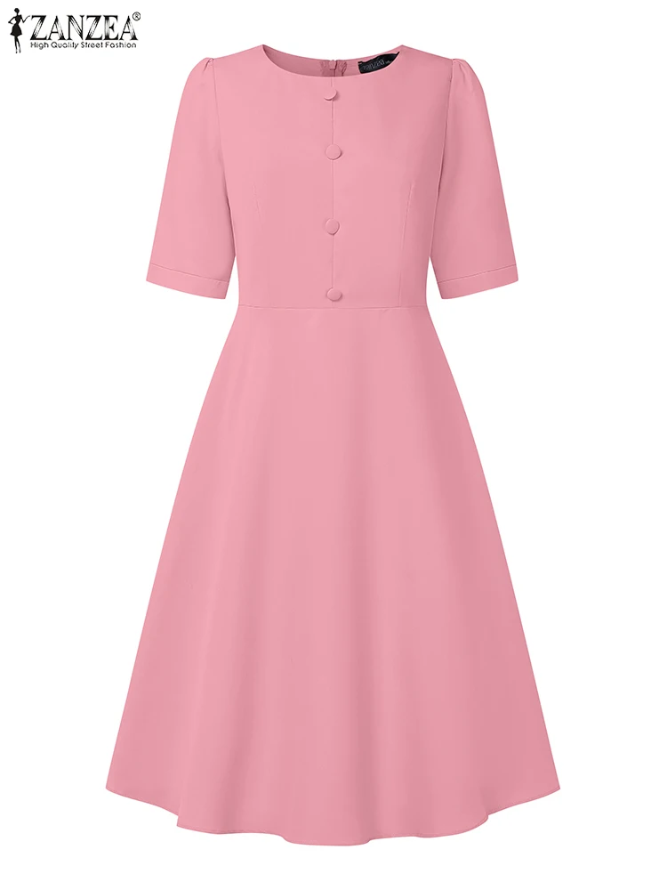 ZANZEA Elegante Frau A-linie Kleider Rundhals Halbe Hülse Ausgestattet Taille Knielangen Roben Femme Sommer Büro Tag Tragen Vestidos
