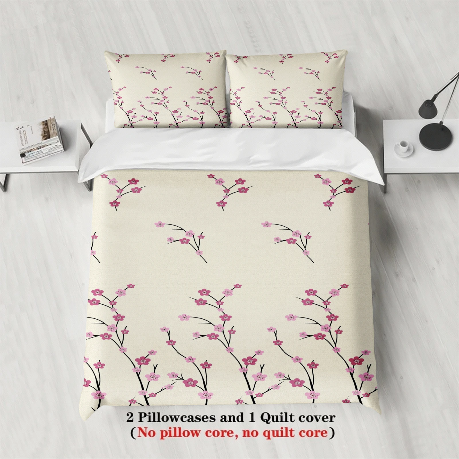 3PCS Duvet Cover Set New Chinese Style Peach Flower Printed Duvet Cover With 2 Pillowcases Single Twin Queen Size Bedding Set