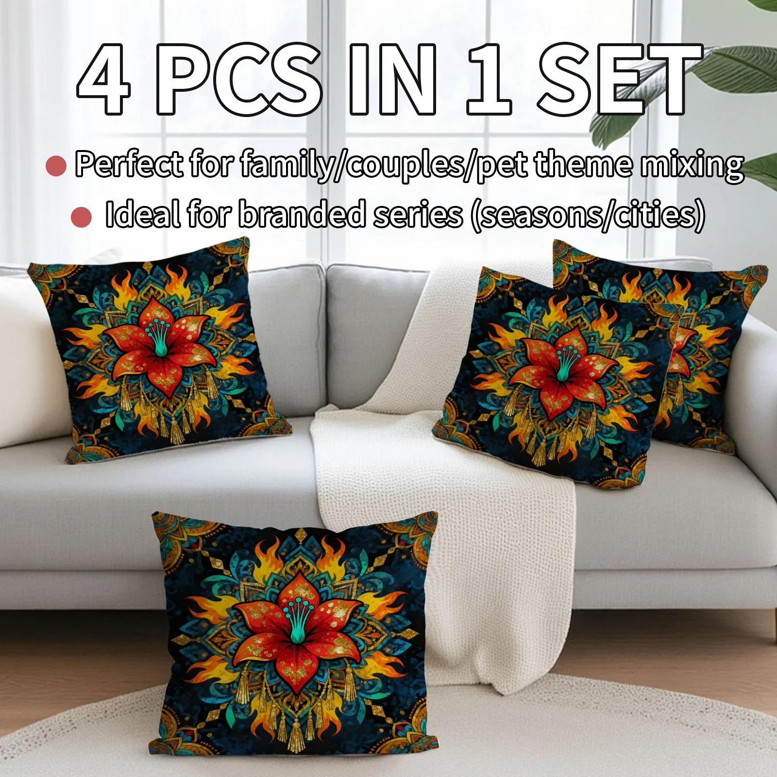 Juego  4 fundas  almohada estilo bohemio con diseños, que muestran flores rojas y talles dorados, perfectas para regalos d