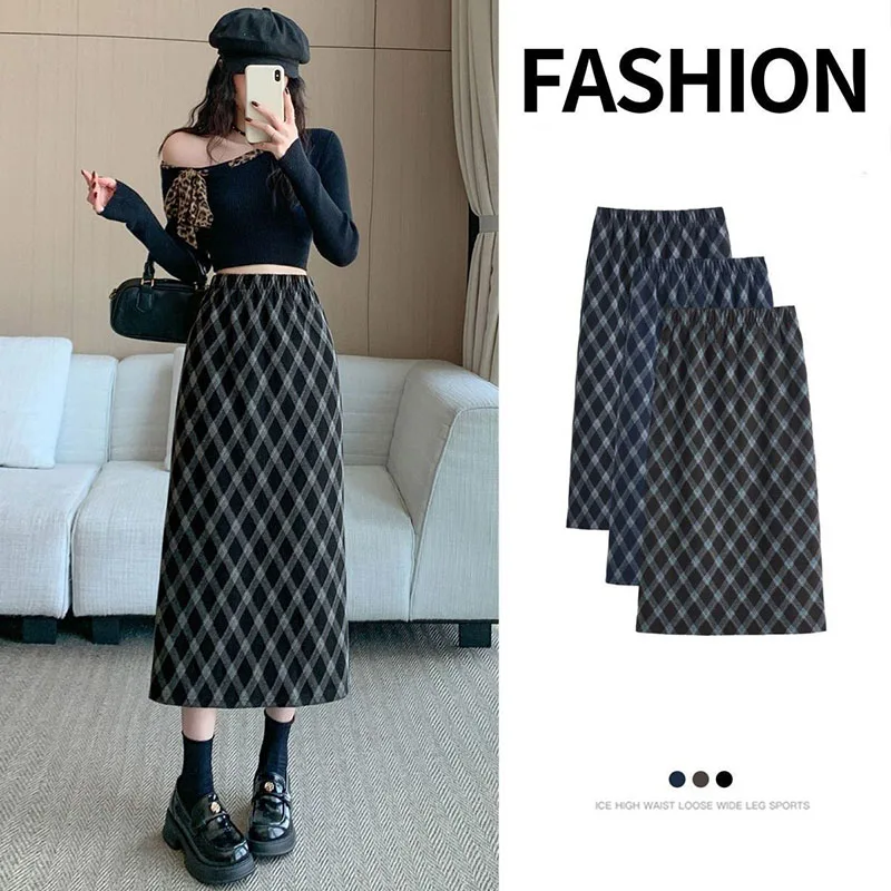 Women Plaid Skirt High Waisted Elastic A Line Midi Length Skirts for Woman Korean Style Fashion Retro Versatile Slit Long Skirts