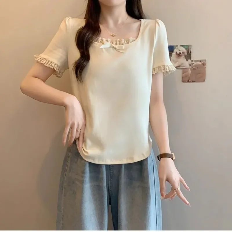 Large Size Fat Mm French Bow Right Shoulder Lace Short-sleeved T-shirt Women's Square Collar Popular Beautiful Shirt Top Trendy