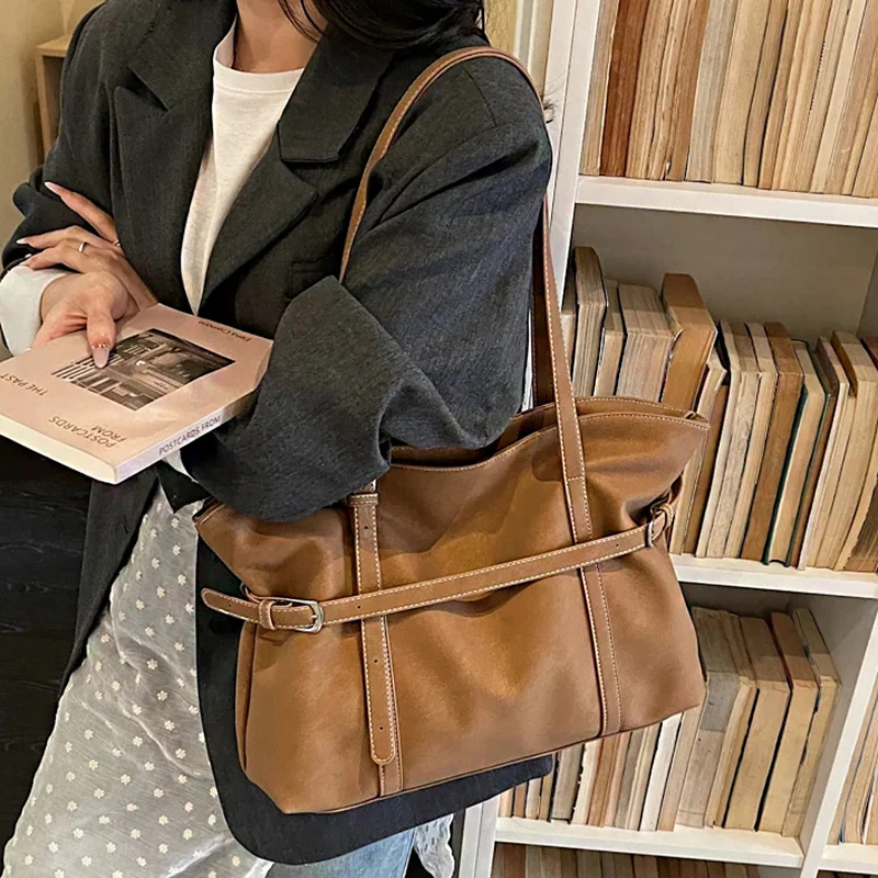 Women's Faux Suede Tote Bag Adjustable Buckle Strap Handbag 