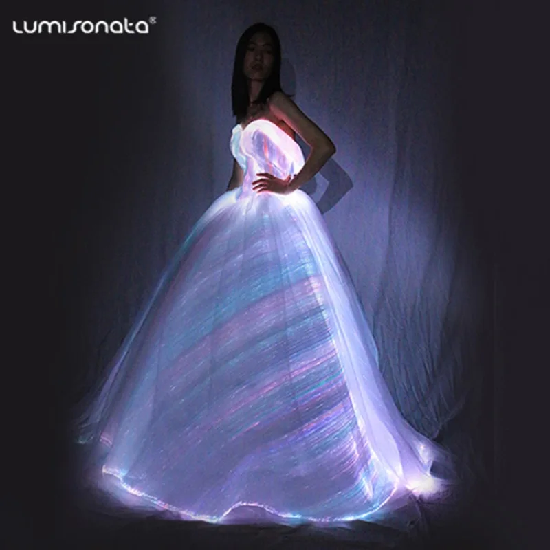 LED Light up Optic Fiber Wedding Dress White Women Luxury Luminous Prom Gown Glow Party Evening Outfit Ballroom Princess Clothes
