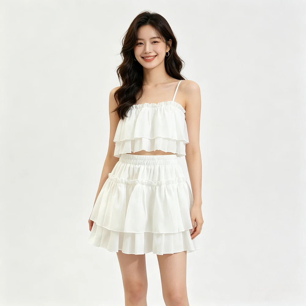 Women Sweet Kawaii Pleated A-Line Skirt White Ruffle Tiered Pretty Casual Elastic Waist Summer Slim Korean Harajuku Style