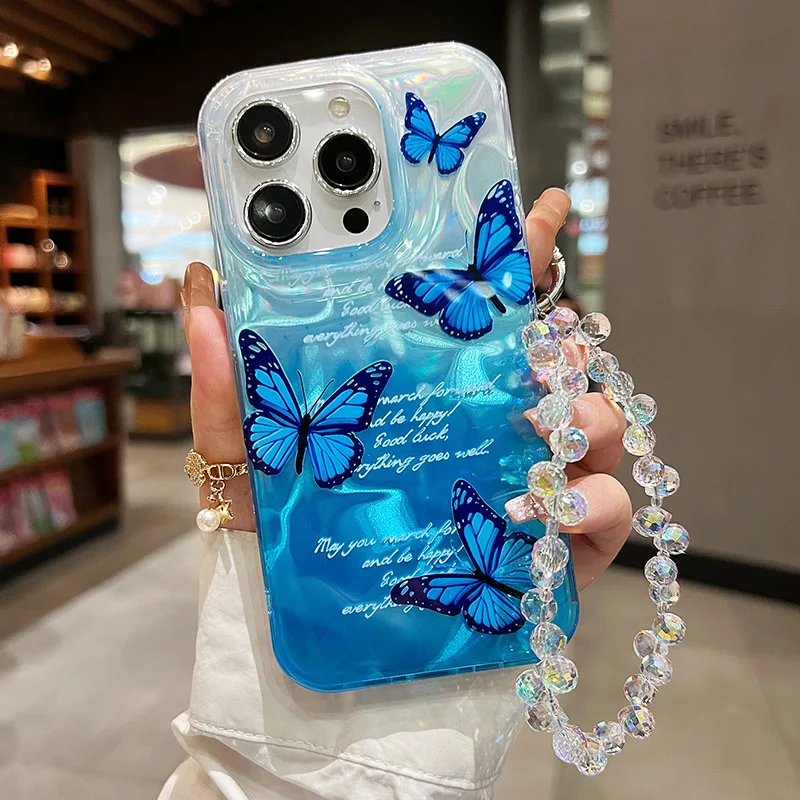 Luxury Butterfly With Jewelry Lanyard Case For Samsung Galaxy S25 S24 S23 Ultra S22 Plus FE A56 A55 A54 A36 A35 A34 5G INS Funda