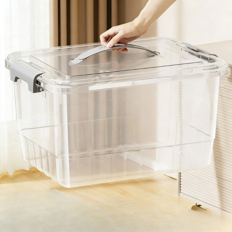 Storage Box with Lid, Semi-Transparent Stackable Organizer with Handle, Plastic Storage Bin for Books Toys Clothes