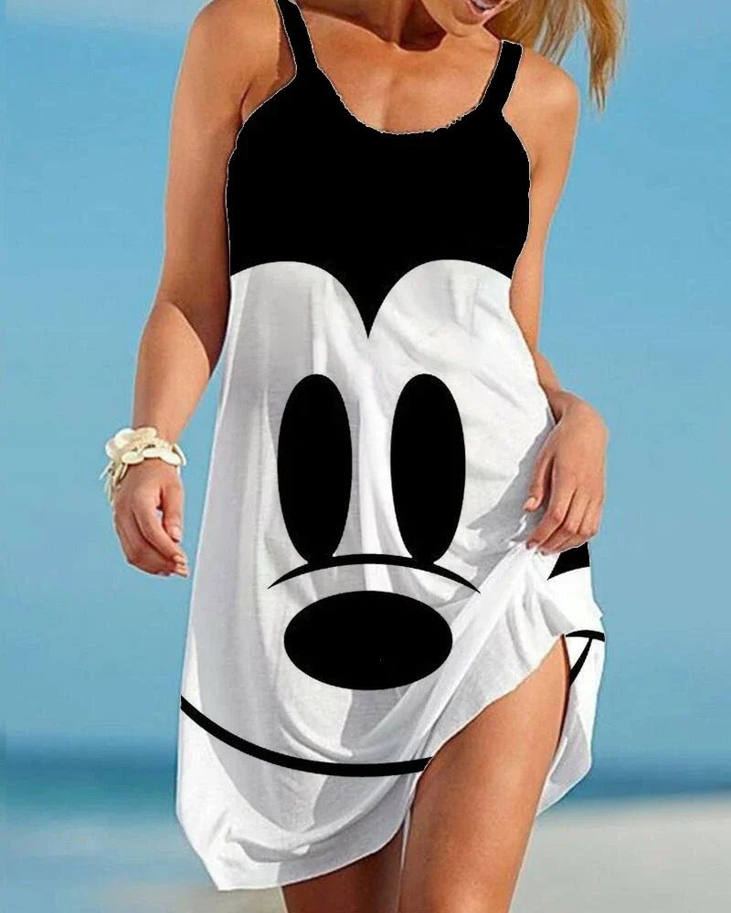 

Disney Minnie Mickey Mouse Women Dresses 3D Dye Print Fashion Sleeveless Summer Halter Casual Sexy Dress Loose Kawaii Dress