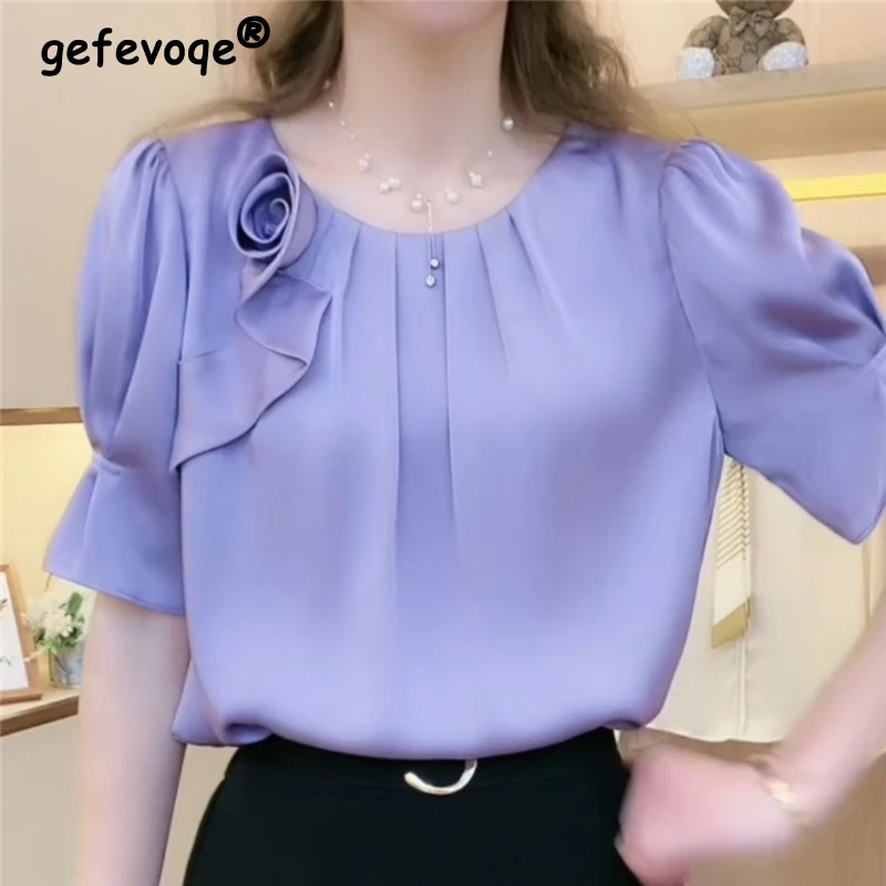 Damen bekleidung gekräuselt 3d flowerl elegante schicke Blusen Sommer mode solide o Hals Kurzarm hemden blusa mujer moda 2023