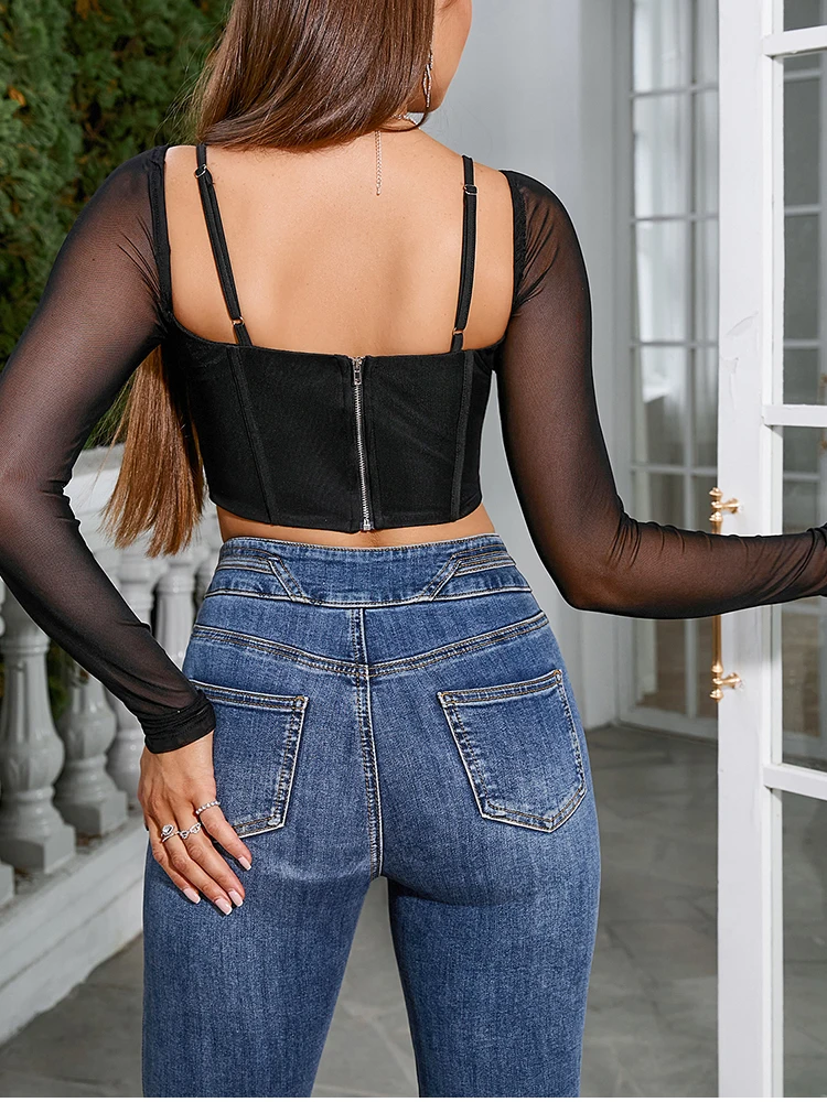 NewAsia vrouwen Zomer Sexy Sheer Mesh Corset Top Lange Mouw Vierkante Hals Dunne Bandjes Backless Bustier zonder been voor Party Clubwear