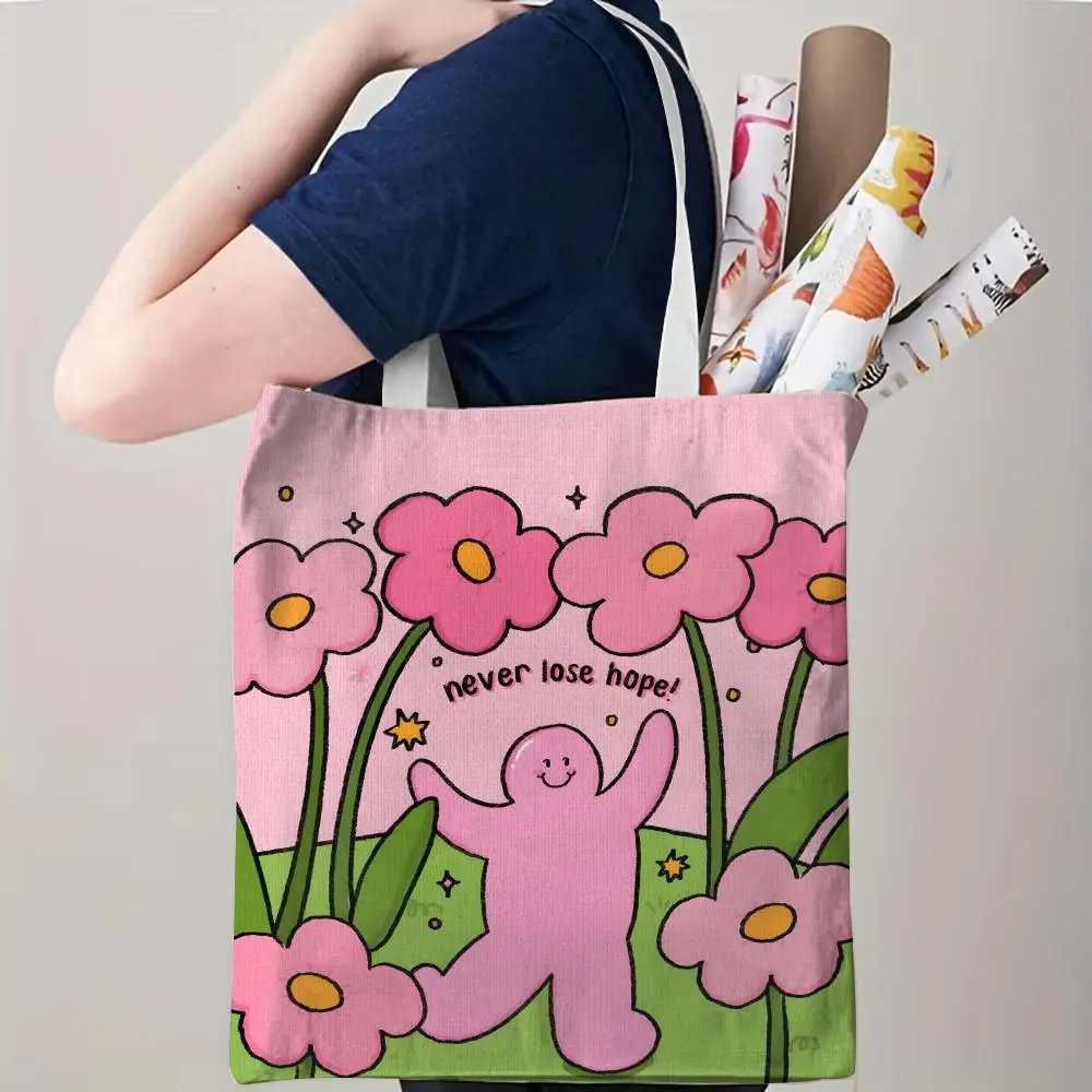 Cute Pink Little Man Storage Bags Canvas Double-Sided Print Beach Bag Durable Handbag Shoulder Travel Bag Gift