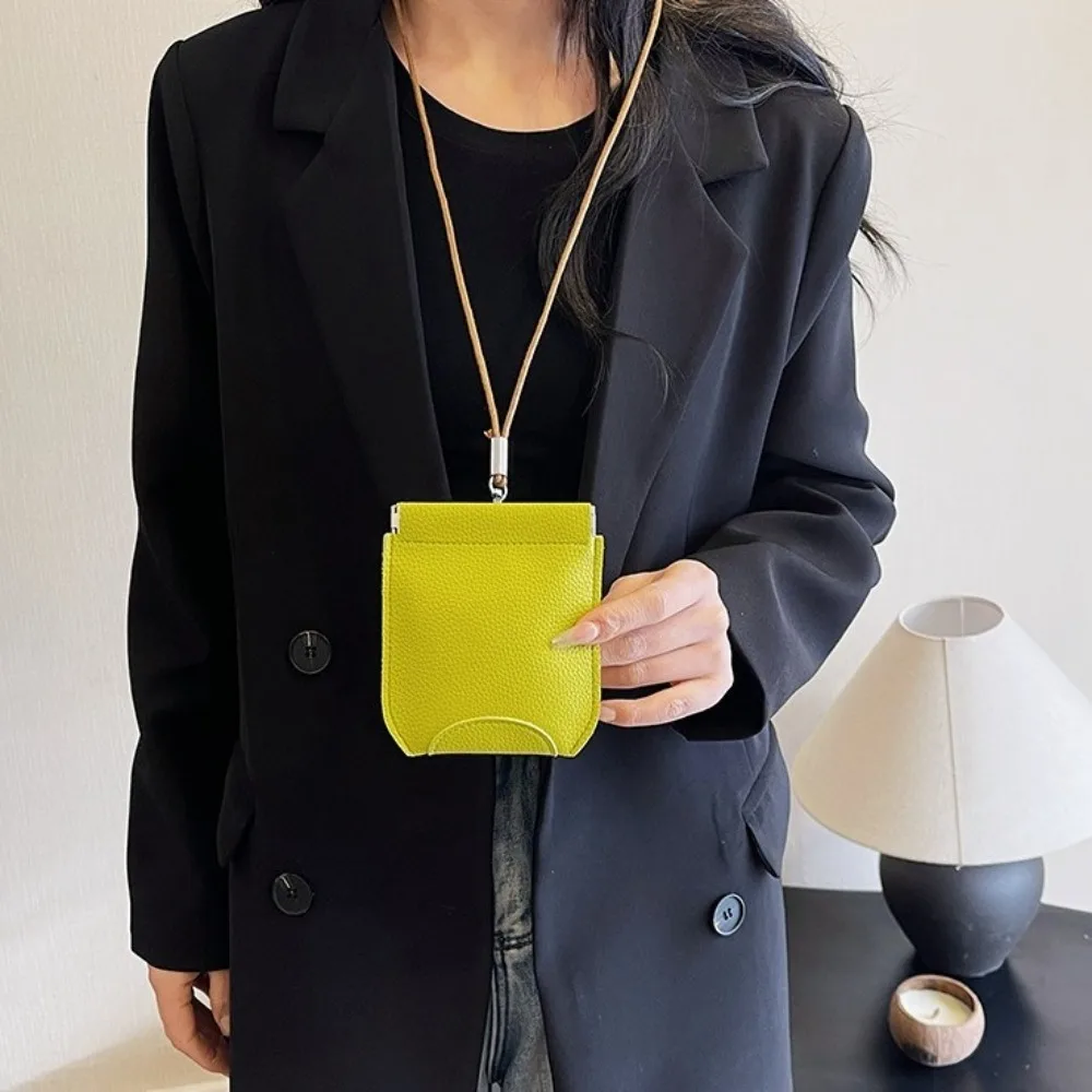 

PU Leather Hanging Neck Mini Wallet Solid Color Lipstick Earphone Pouch Coin Purse With Lanyard Korean Style Card Holder