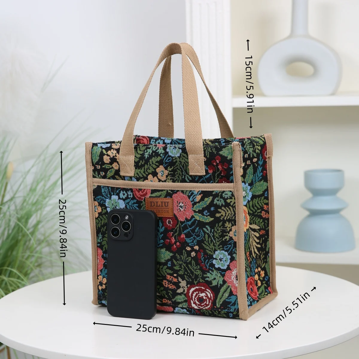 New Thick Knitted Floral Fabric Tote Bag, Lunch Bag, Bento Bag, Large Capacity Portable Storage Bag, Handbag