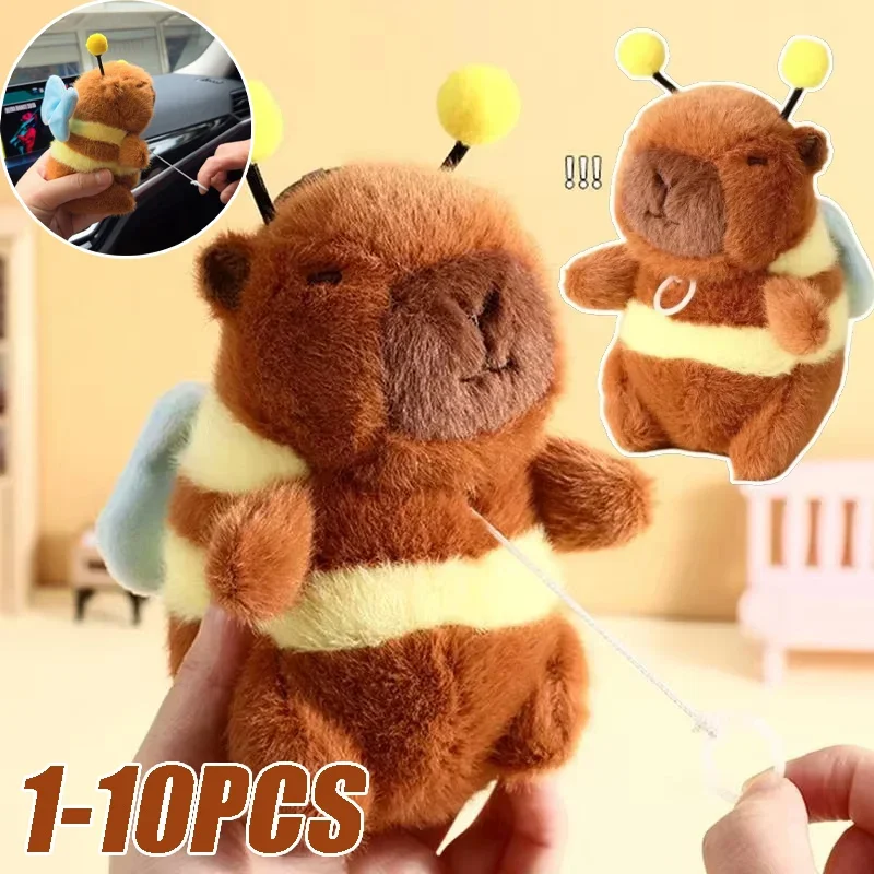 Brown Soft Capybara Key Ring Cross Dressing Funny Plush Bee Pendant Fur Pulling Rope Cartoon Animal Keychain Couple