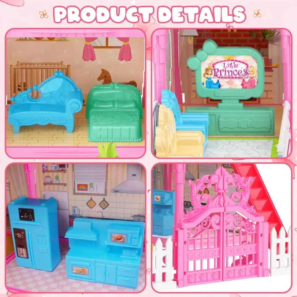Casa de boneca luminosa dreamhouse para meninas princesa playhouse conjunto com bonecas acessórios móveis fingir jogar presentes aniversário