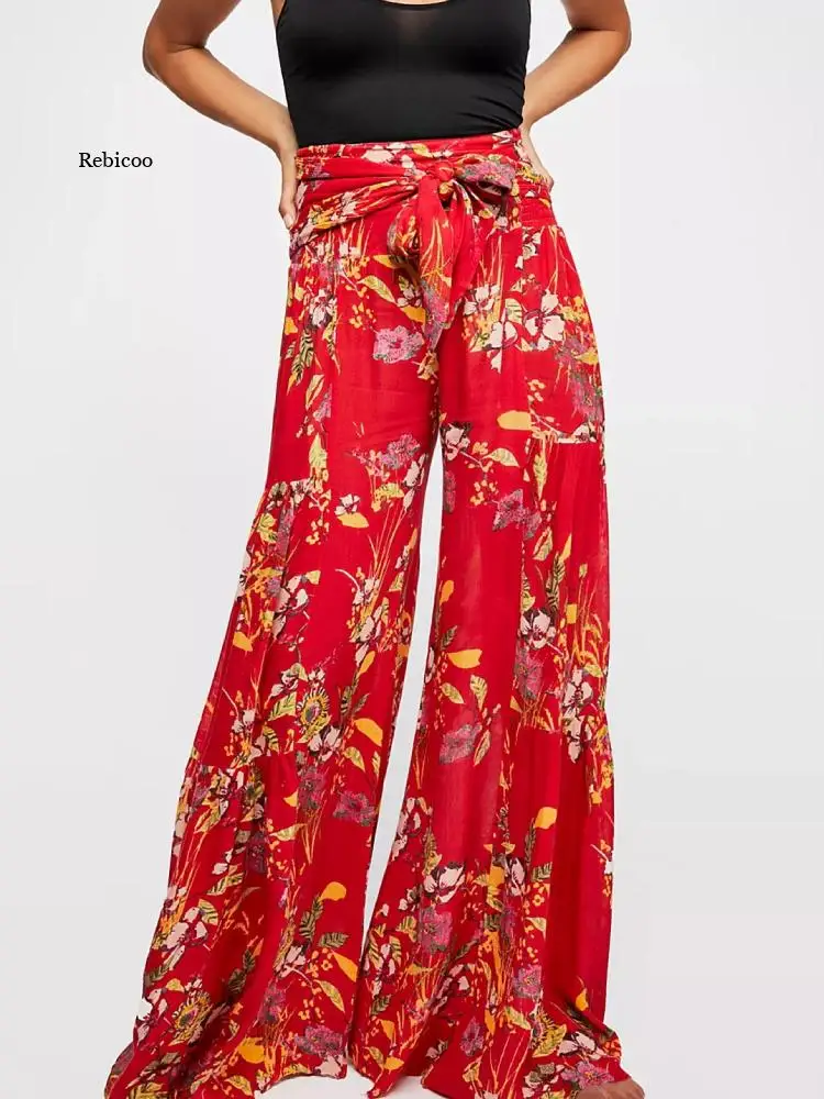 

Women Casual Loose Wide Leg Pants Vintage Print Pant Spring Summer 2022 Holiday Trousers Oversized High Waist Pantalones Femme