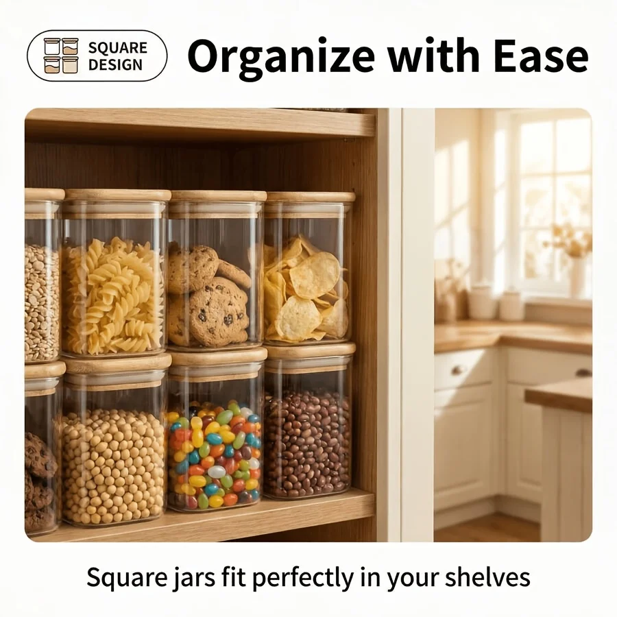 2/4/6/12Pcs-400Ml Square Glass Sealed Jars, Kitchen Food Storage Containers, Food Storage Jars with Lids, Cookie Jars, Sugar Jars, Coffee Storage Jars, Suitable for Coffee, Cookies, Candy, Kitchen Spices, Oatmeal, Household Snacks Storage, Kitchen Storage Containers - view 6