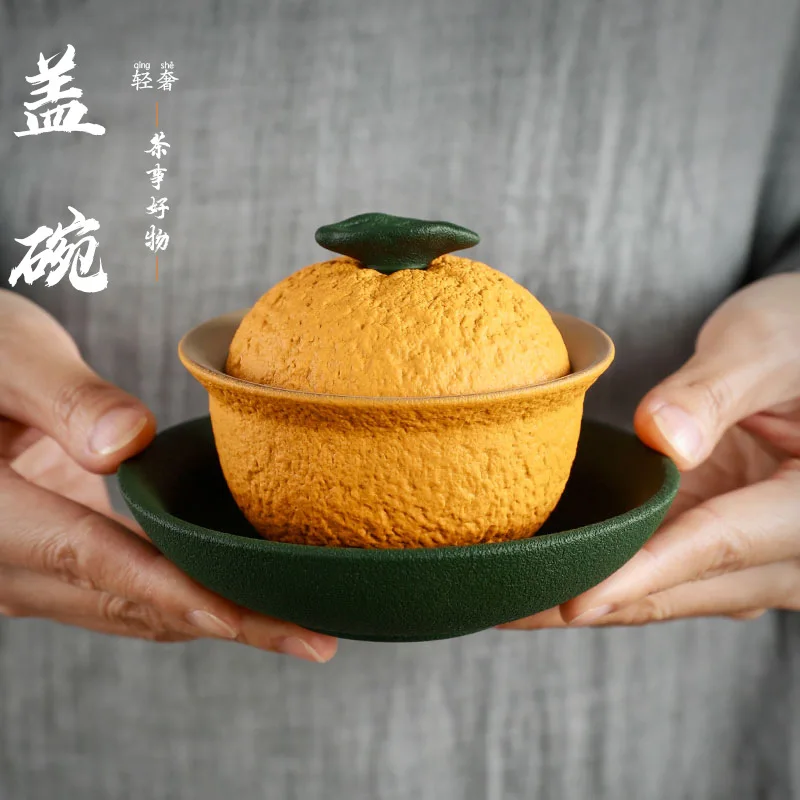 

Китайская керамическая чашка для чая ручной работы Sancai Gaiwan, креативная чайная чашка оранжевой формы для домашнего использования, керамический пигментированный набор чайной посуды