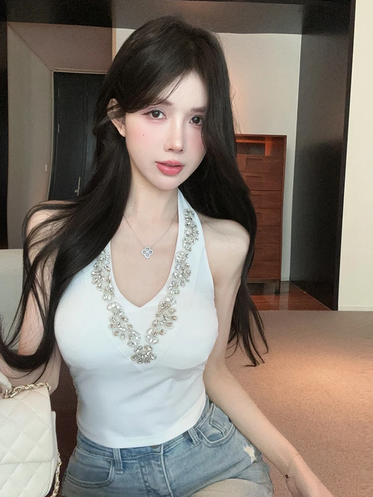 Sexy Slim Fit Deep V-Neck Diamond Detail Halter Top Base Layer Shirt for Trendy Girls Short Sleeve  Color Summer Outfit