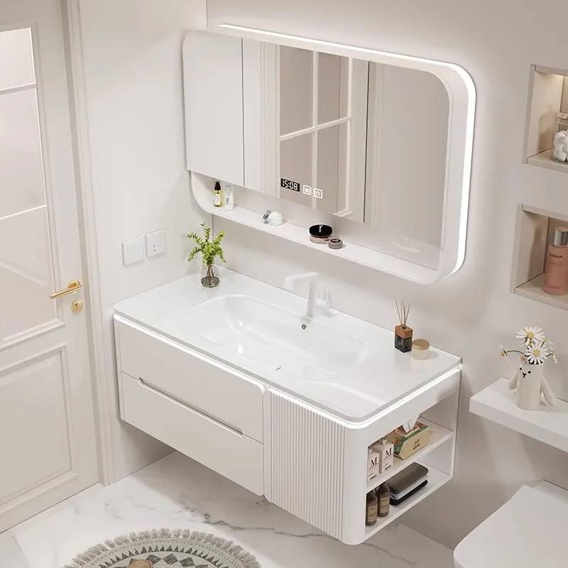 

Ceramic integrated basin oak smart bathroom cabinet modern simple rounded corners cream wind toilet wash basin